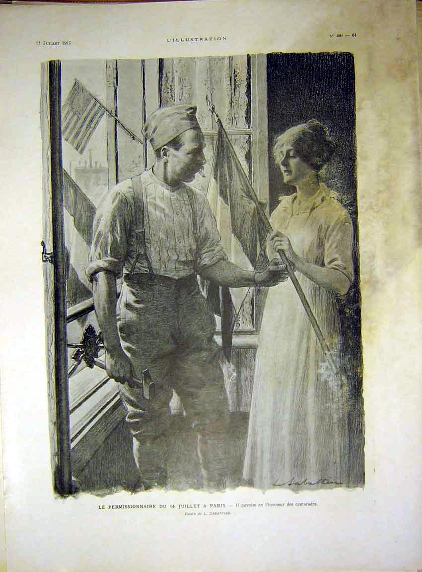 Original Old Vintage Print Paris Man Woman Army Troops France French 1917 20th