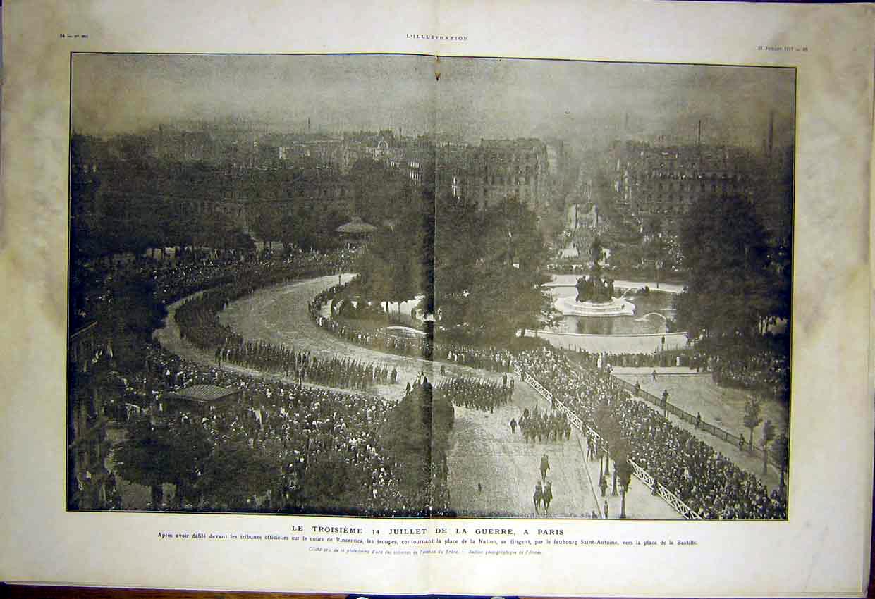Original Old Vintage Print Infantry War Sier Paris Uniform Streets French 1917