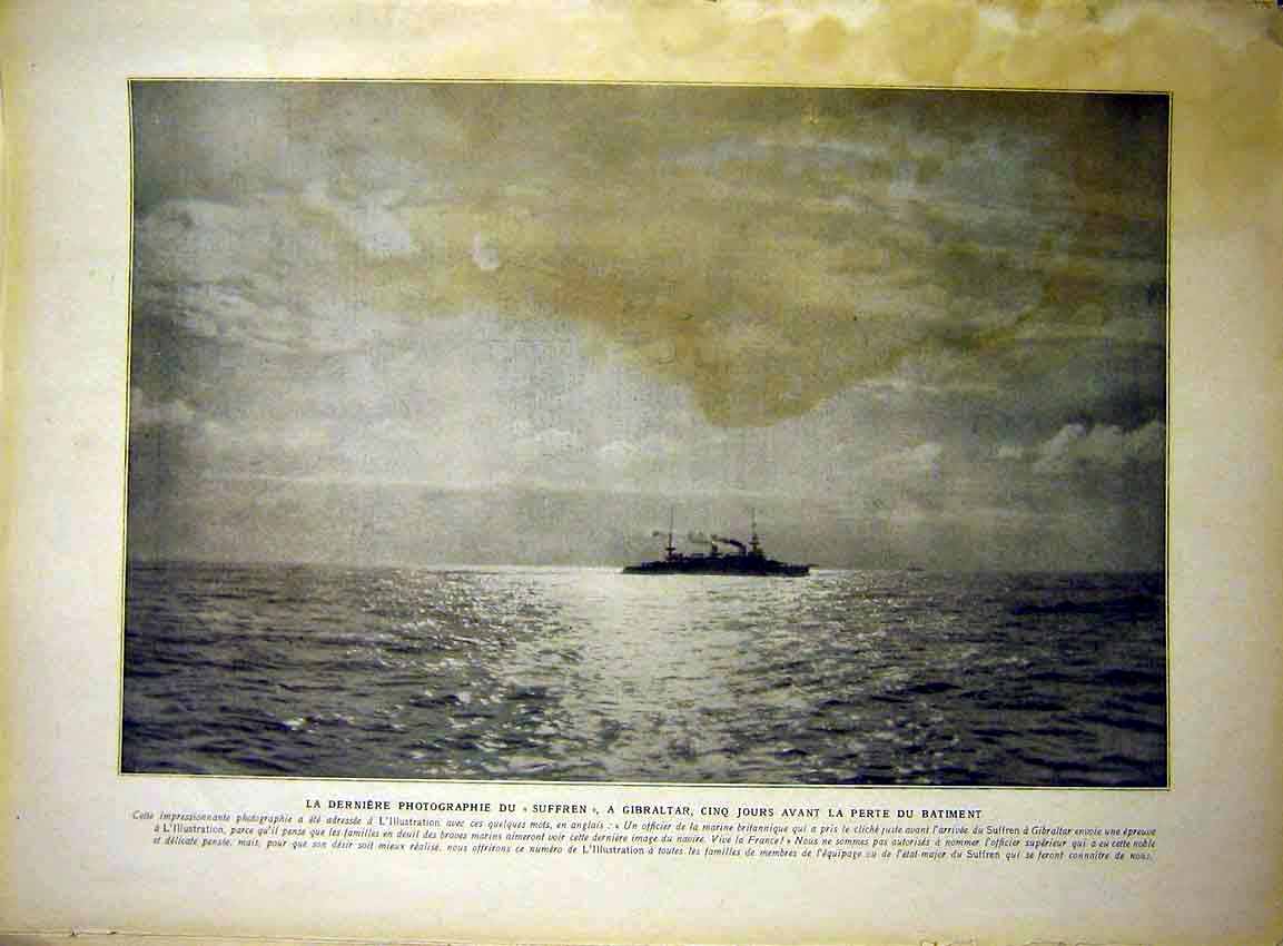 Original Old Vintage Print Ship Suffren Gibralta Boat Sea Photo French 1917 20th