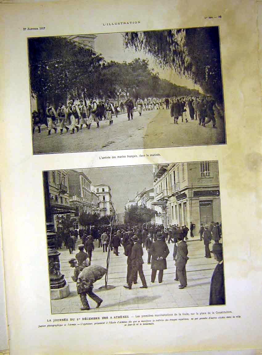Original Old Vintage Print Athens Greece Army Troops Streets Marines French 1917