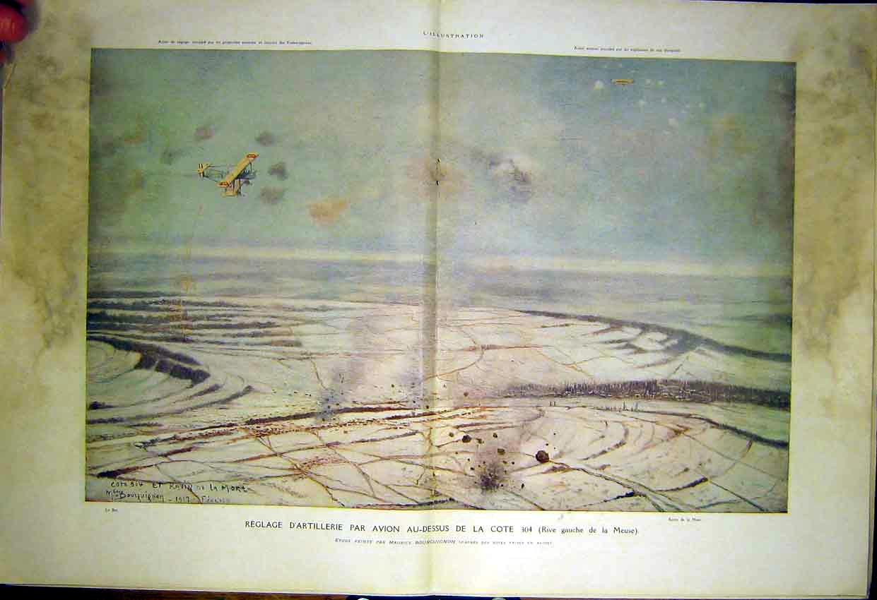 Old Vintage Print Lebocq Artillery Bi-Plane Aeroplane German French 1917 20th