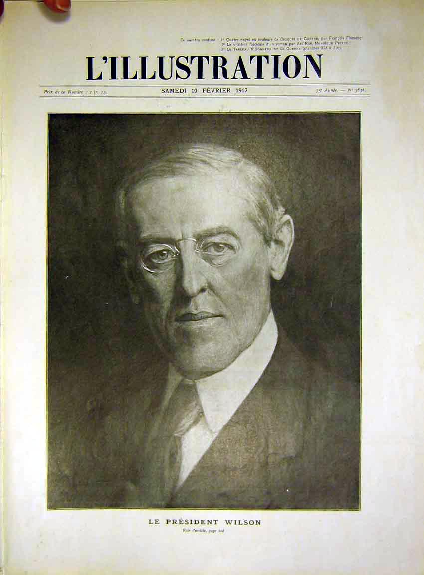 Original Old Vintage Print Portrait President Wilson American French 1917 20th