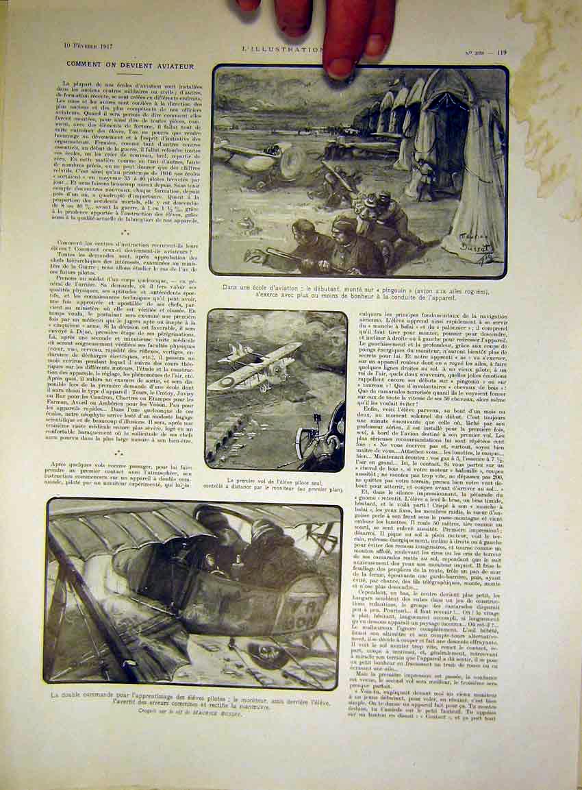 Original Old Vintage Print Sketch Aeroplane Sier War French 1917 20th Century