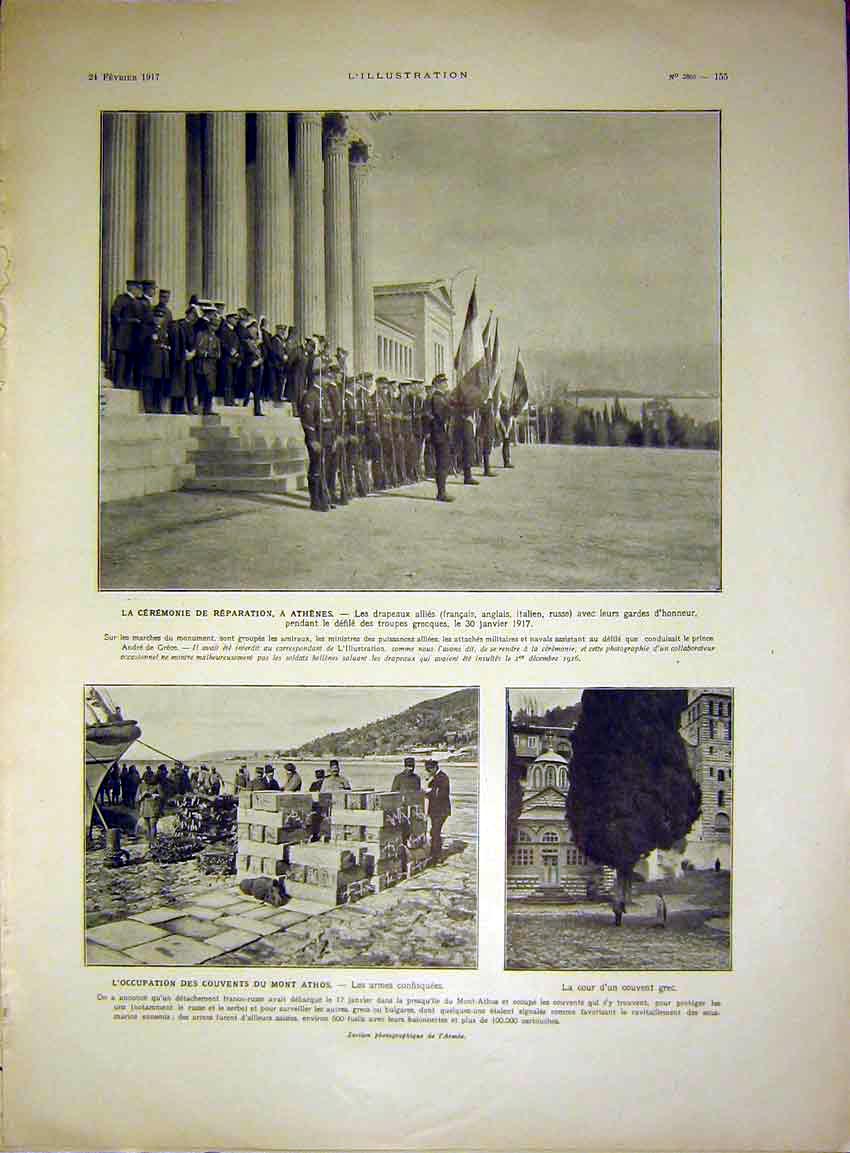 Original Old Vintage Print Athens Greece Siers Athos Military War French 1917