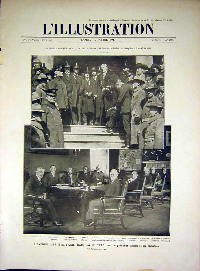 Original Old Vintage Print United States War Sier Wilson Minister French 1917