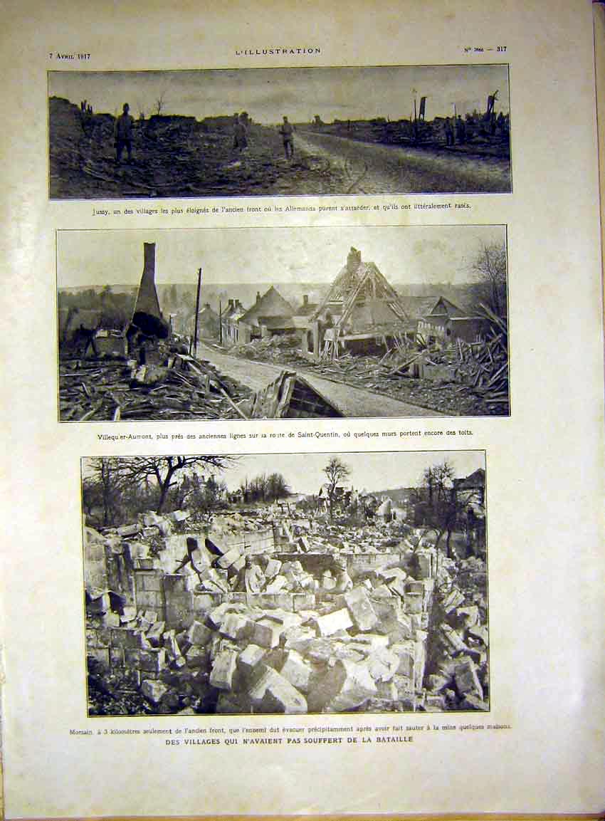Original Old Vintage Print Battle Village Morsain Avricourt Castle French 1917