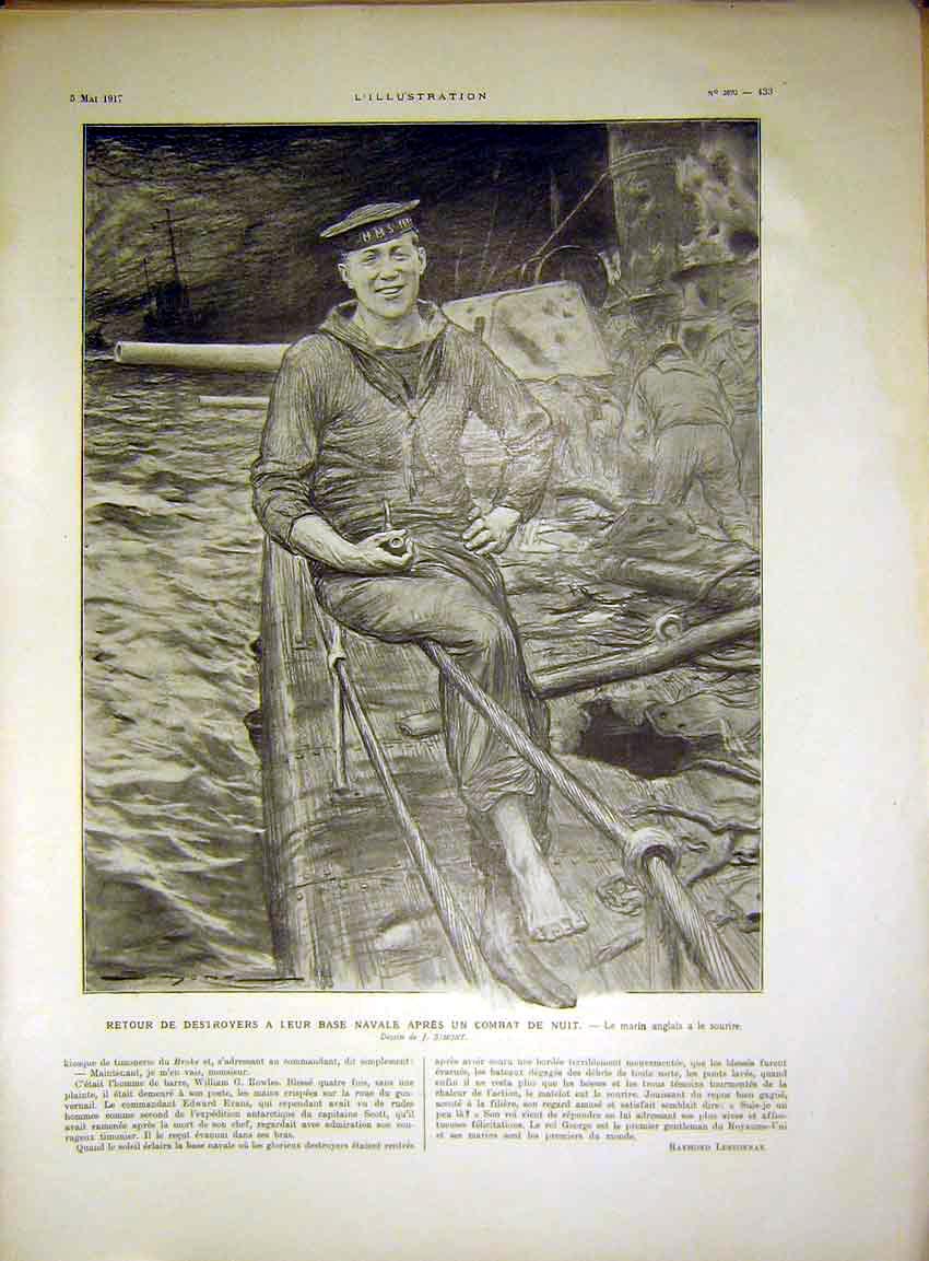 Original Old Vintage Print Navy Martine English Sketch Simont Ship French 1917