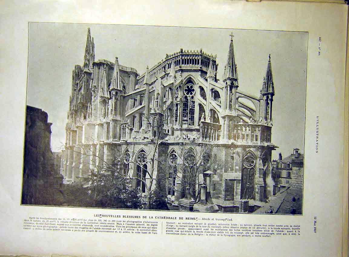 Original Old Vintage Print Cathedral Reims France Building French 1917 20th