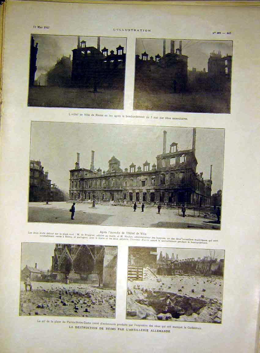 Original Old Vintage Print Reims Sier German Artillary War Ruins French 1917