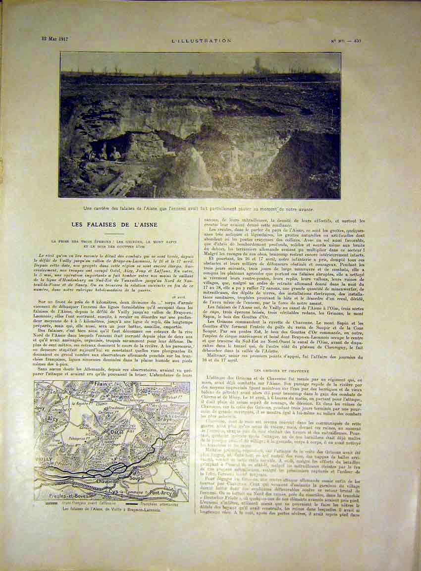 Original Old Vintage Print Map Presles-De-Boves L'Aisne French 1917 20th Century