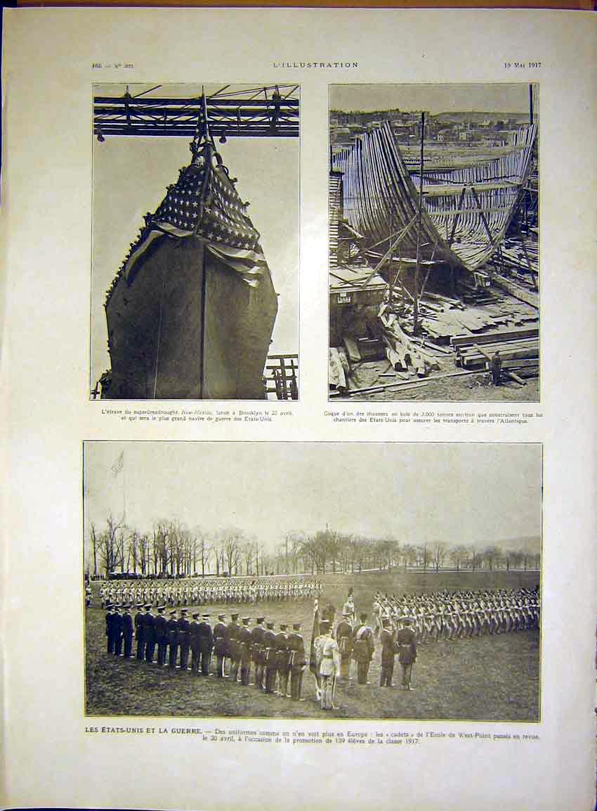 Original Old Vintage Print Ship New-Mexico Sier Army Cadet Joffre French 1917
