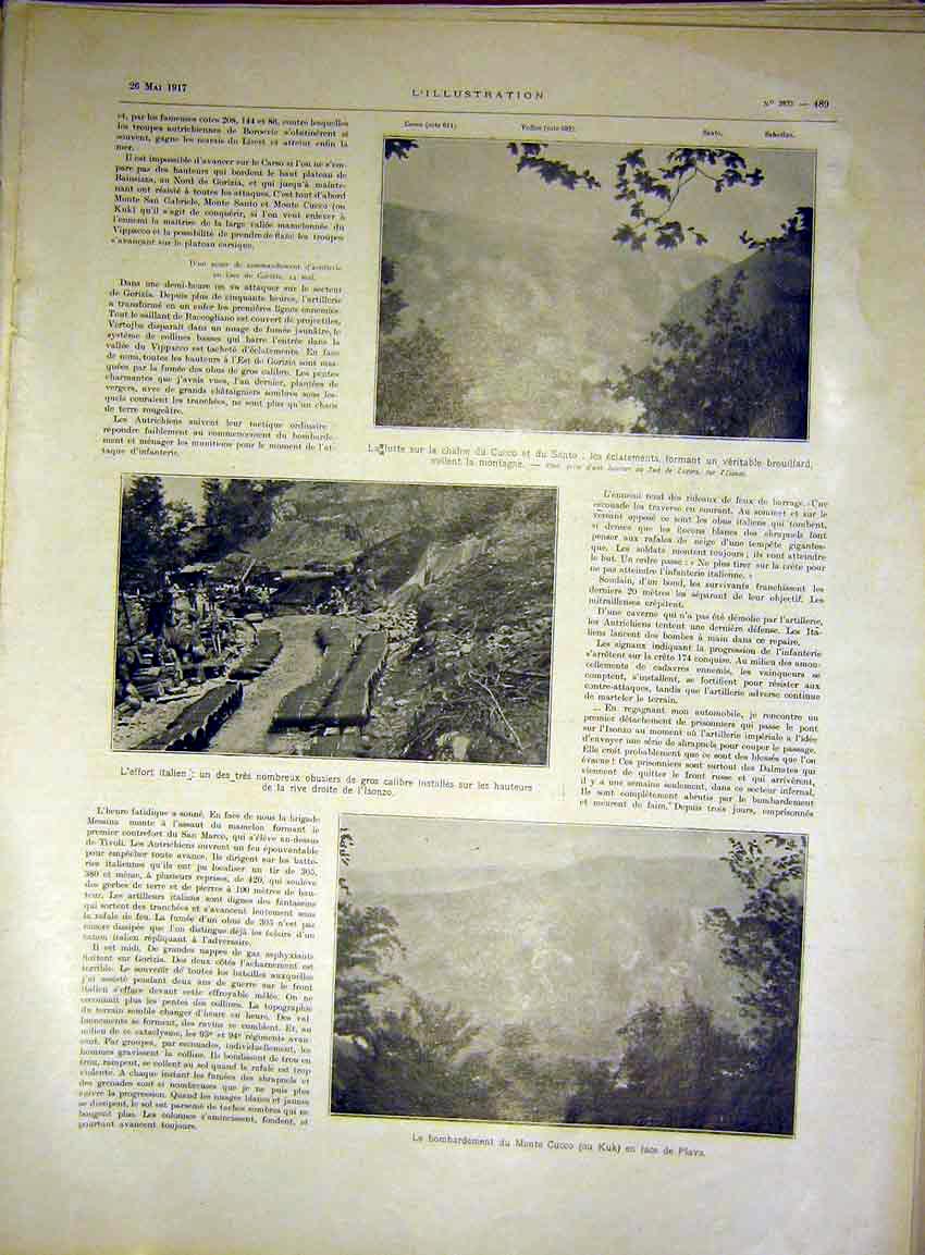 Original Old Vintage Print Mountain Italian Military Cucco Plava French 1917