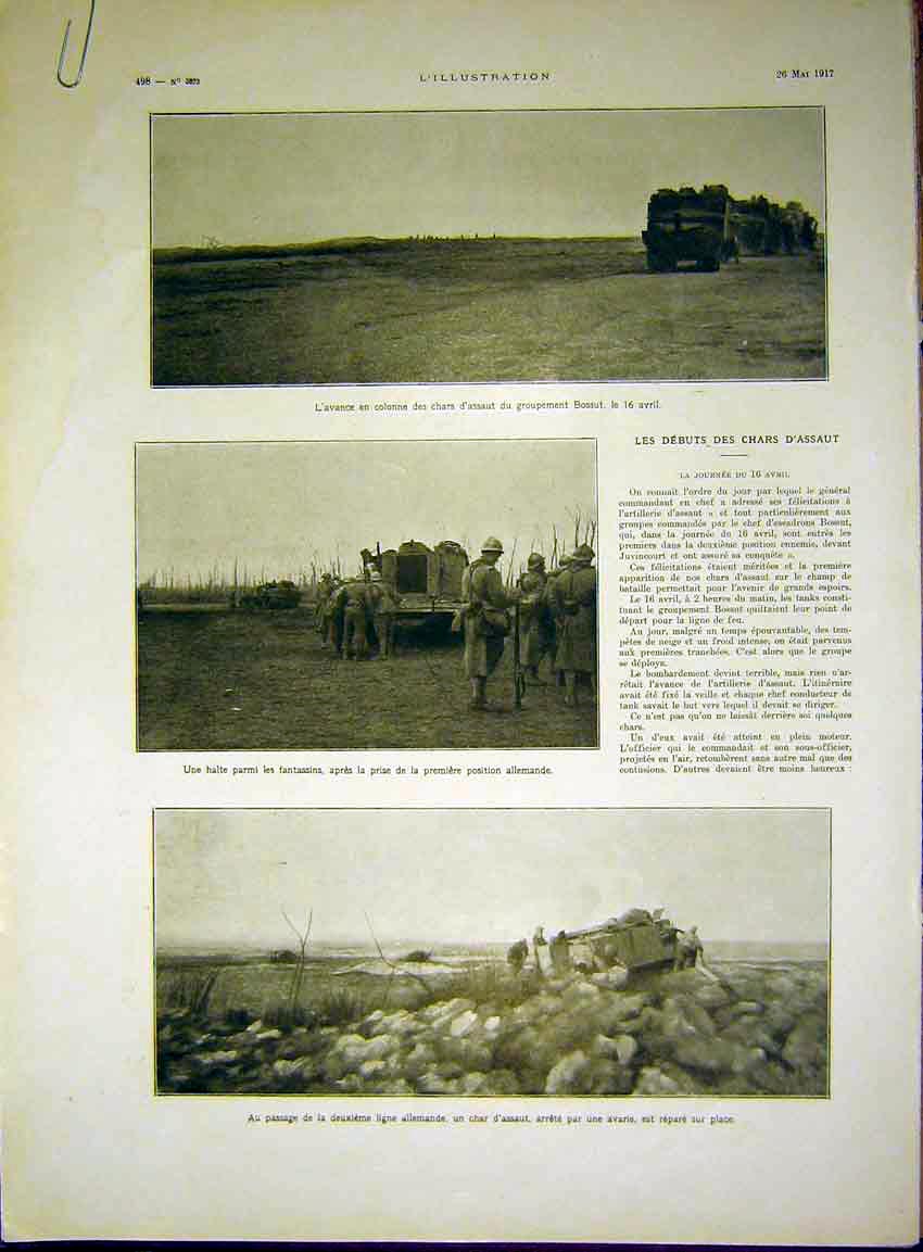 Original Old Vintage Print Sier Military Troops Tank D'Assaut French 1917 20th