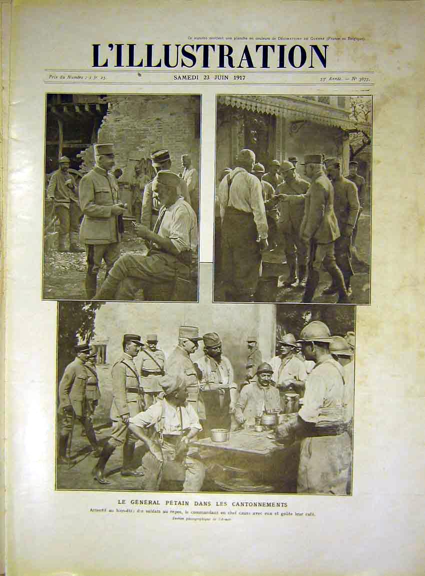 Original Old Vintage Print General Petain Sier War Barracks French 1917 20th