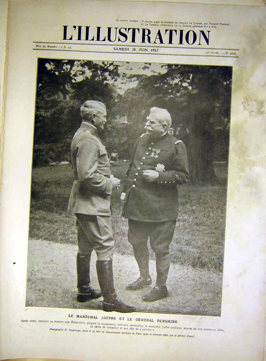 Original Old Vintage Print Joffre Officer Pershing Military French 1917 20th