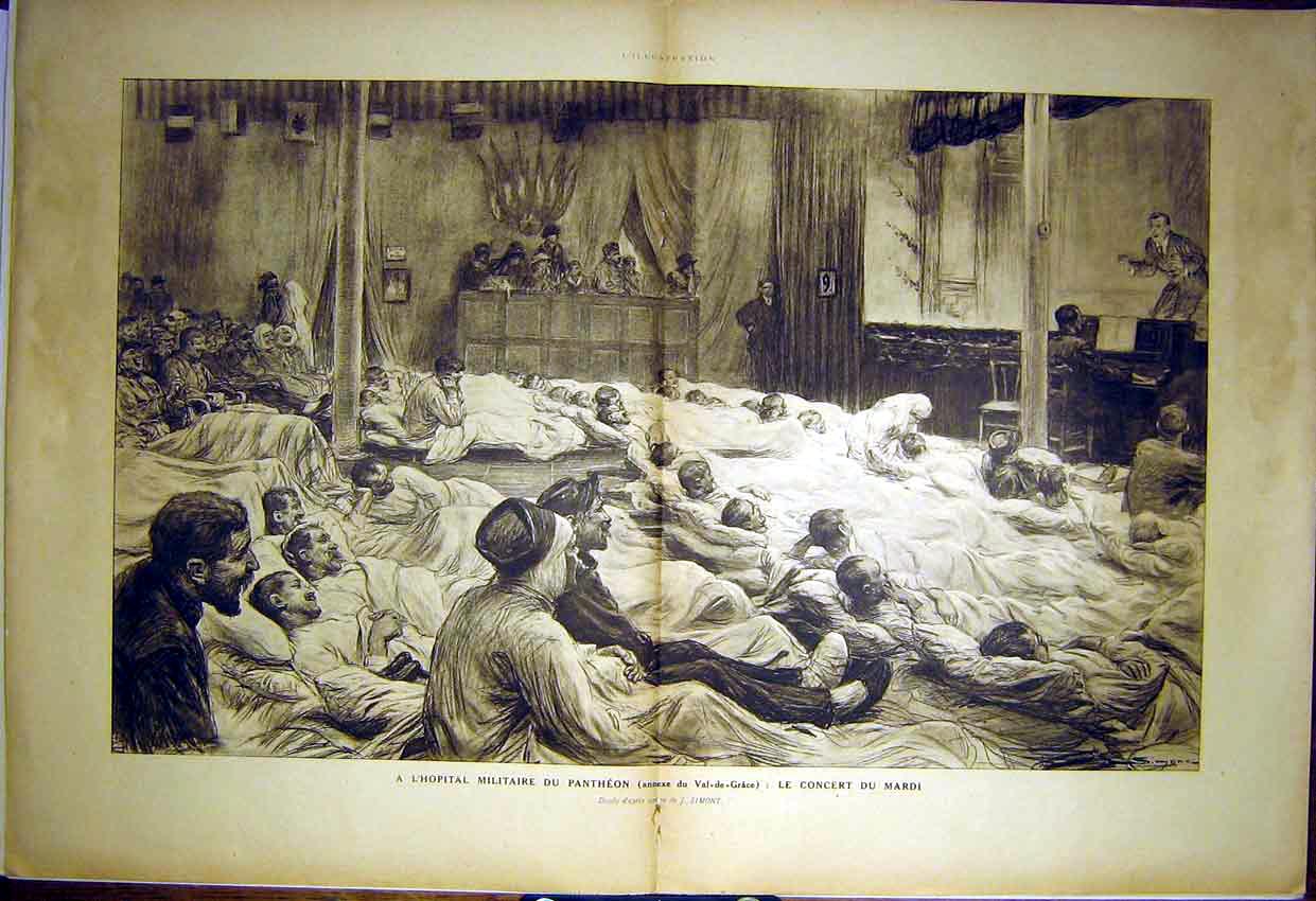 Original Old Vintage Print Hospital Military Sier Concert Sketch Simont 1917