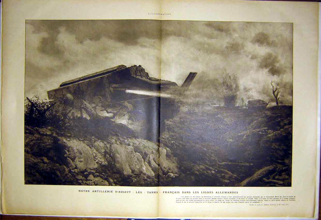 Original Old Vintage Print Artillery Tanks War German Nivelle French 1917 20th