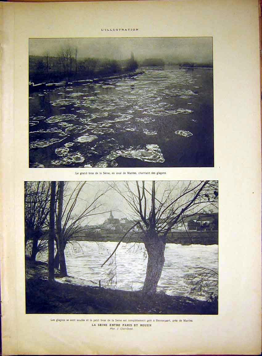 Original Old Vintage Print Seine River Paris Rouen Chapelle Taxi French 1917