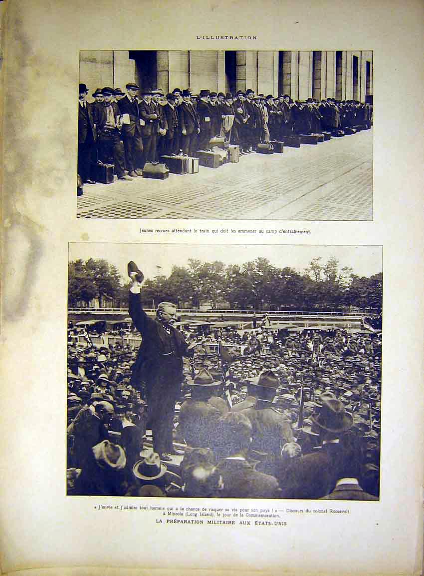 Original Old Antique Print Recruits Military Roosevelt Paris Crowd French