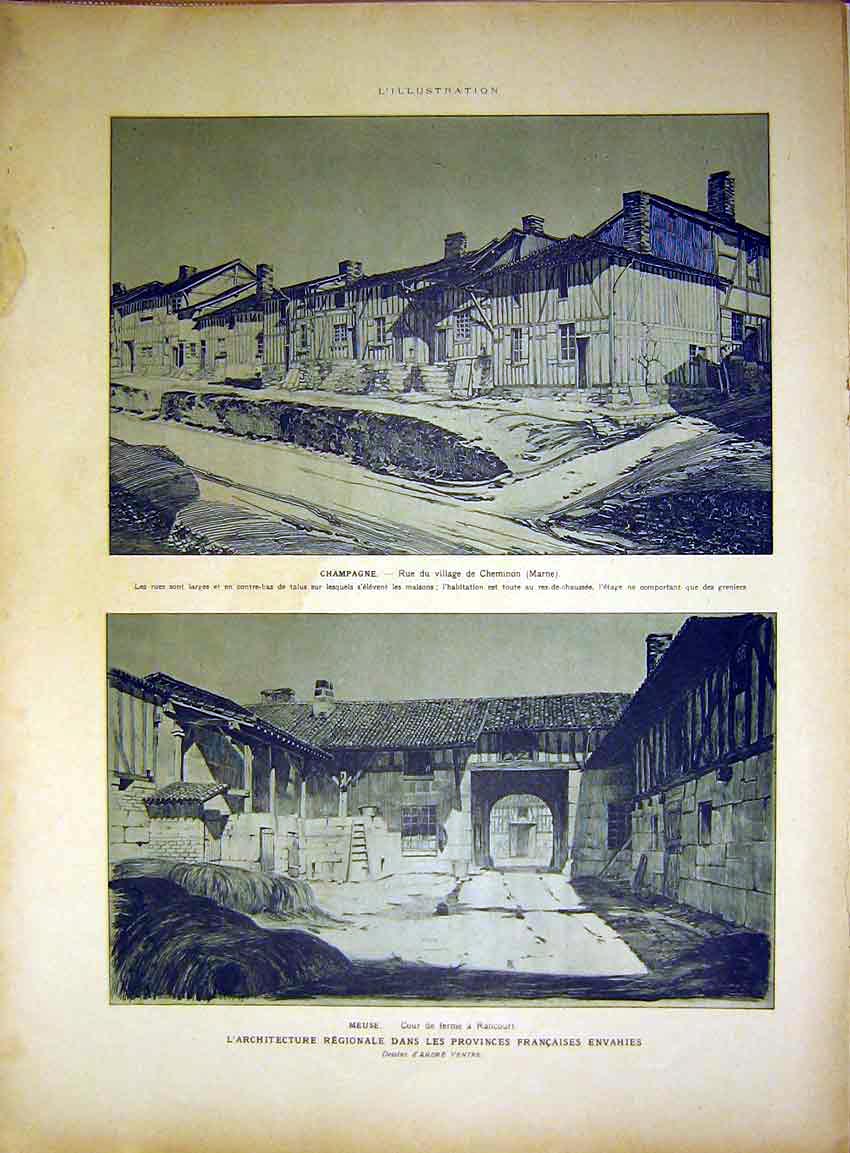 Original Old Vintage Print Champaigne Rancourt Buildings Alsace French 1917