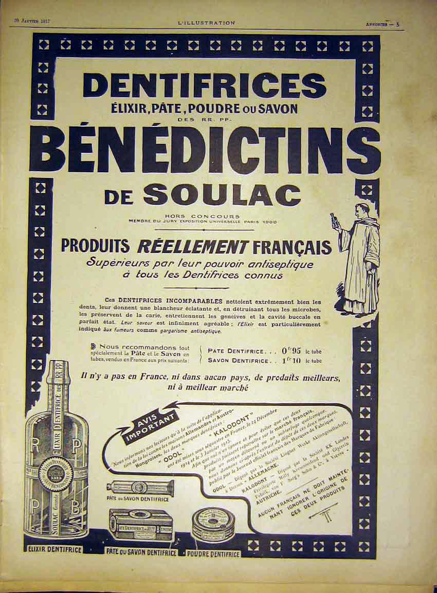 Original Old Vintage Print Advert Benedictins Elixir Medical French 1917 20th