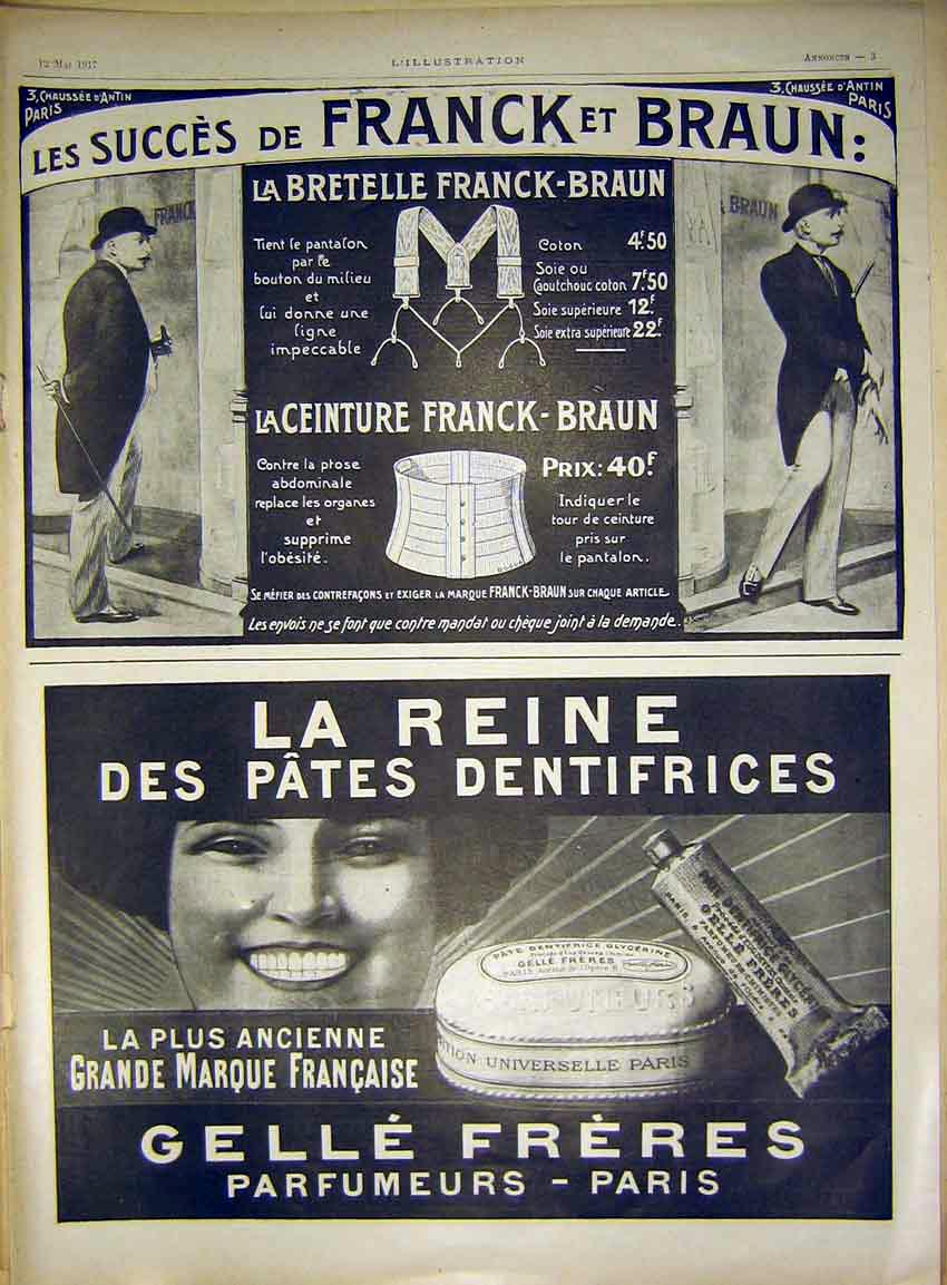 Old Vintage Print Advert Franck Braun Braces Gelle Freres Toothpaste 1917 20th