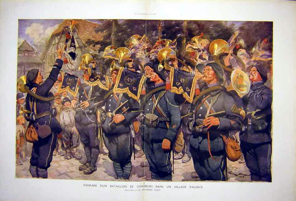 Original Old Vintage Print Fanfare Battalion Chasseurs Alsace Scott 1919 20th