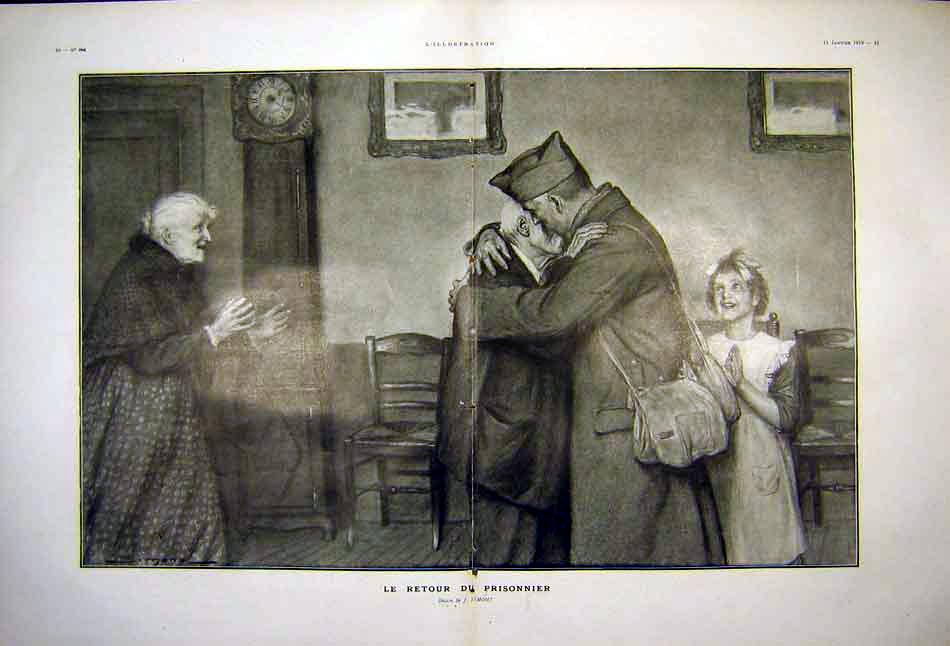 Original Old Vintage Print Prisoner Returns War Ww1 Simont Family Sketch 1919