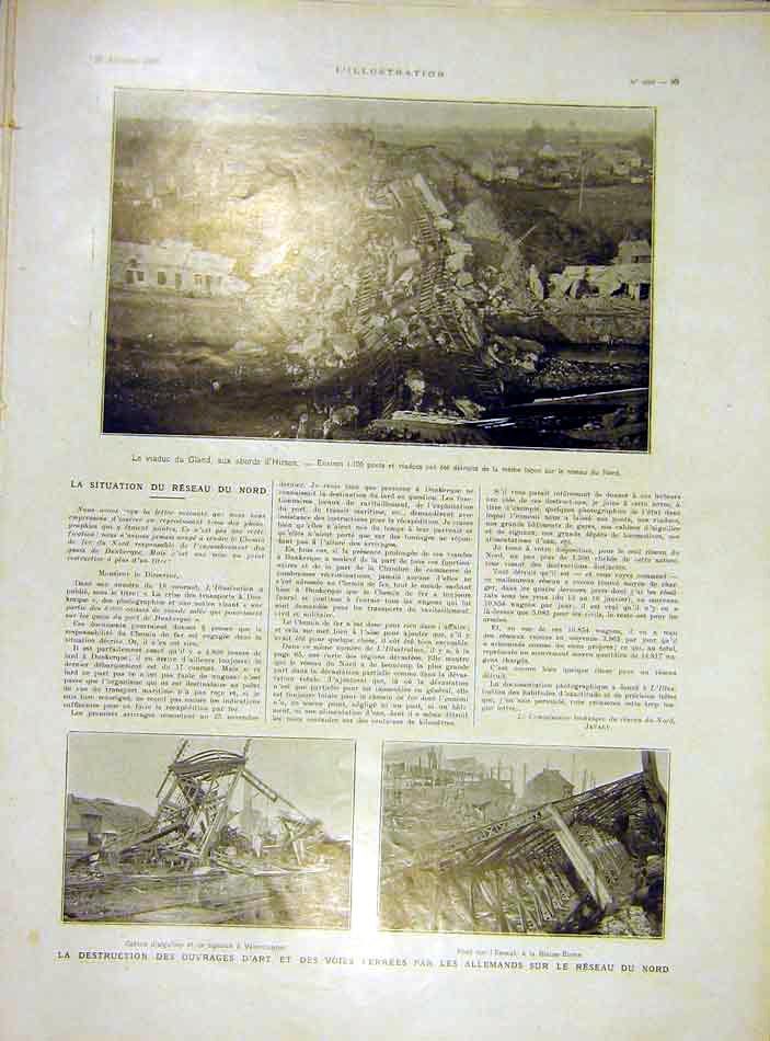 Original Old Vintage Print Germany Railway Ruins Hirson French 1919 20th Century