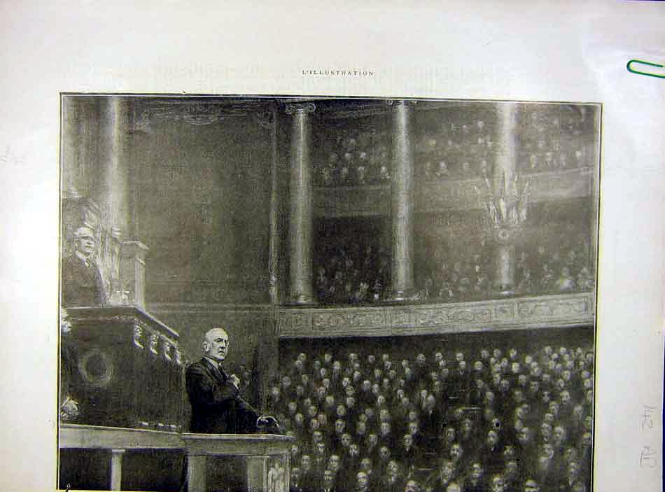 Original Old Vintage Print President Wilson French Chamber Tribune 1919 20th