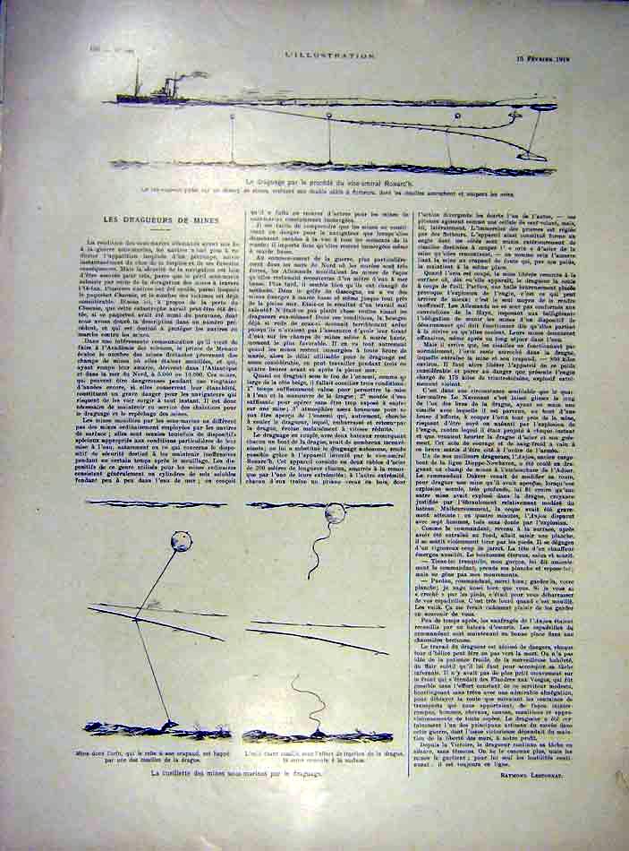 Original Old Vintage Print Mines Ships War Drag-Nets Ronarc Ww1 Navy 1919