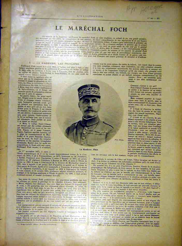 Original Old Vintage Print Marshall Foch Portrait Maps Paris Somme Ww1 1919