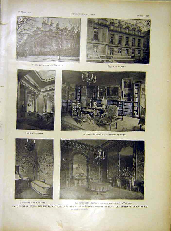 Original Old Vintage Print Hotel Croisset President Wilson Paris France 1919