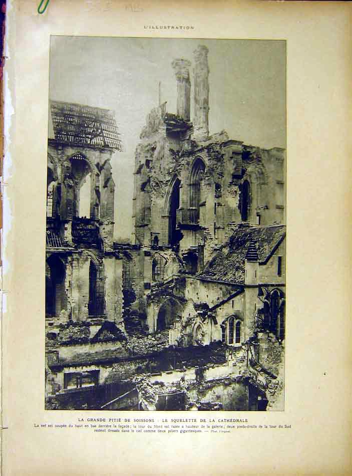 Original Old Vintage Print Ruins Cathedral Soissons Cloitre French 1919 20th