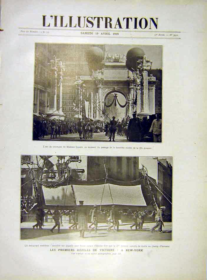 Original Old Vintage Print Victory New-York Madison Square America 1919 20th