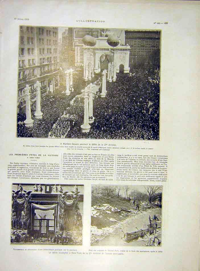 Original Old Vintage Print Madison Square America New-York Army 1919 20th
