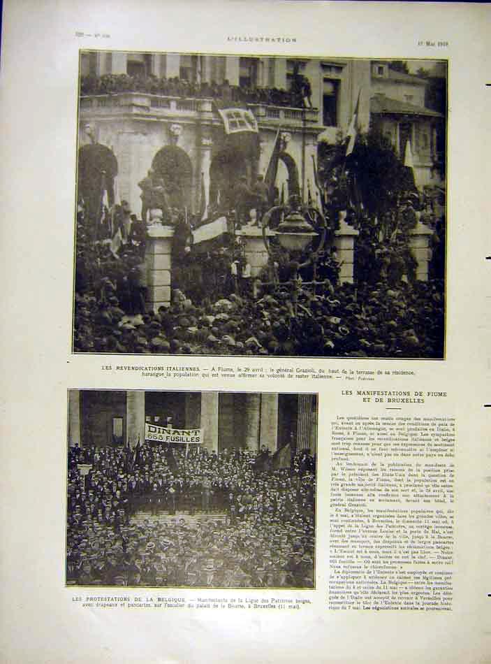 Original Old Vintage Print Italian Fiume Grazioli Brusells Belgium Patriot 1919