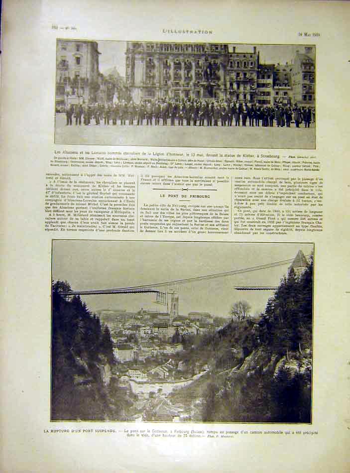 Old Vintage Print Alsace Lorrian Legion Strasbourg Suspension Bridge 1919 20th