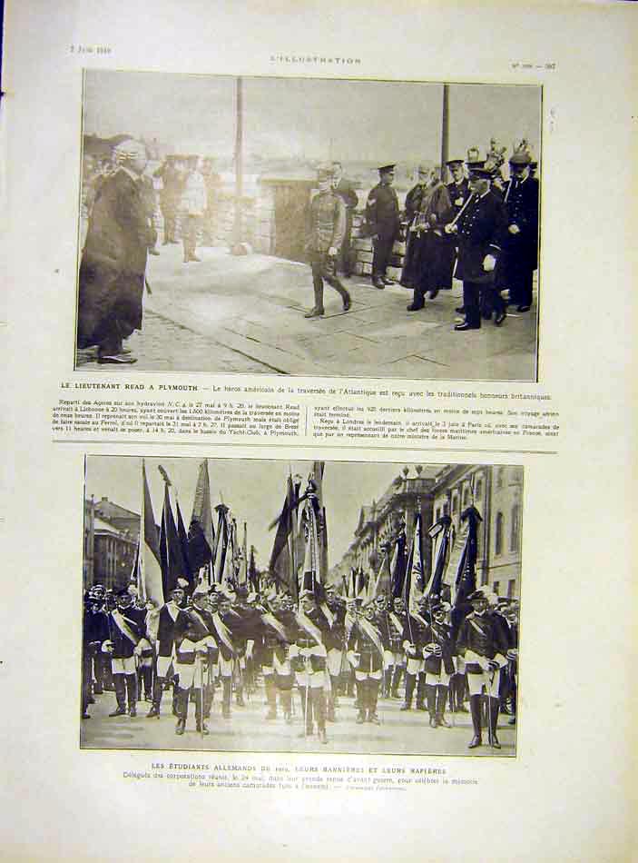 Original Old Vintage Print Read Plymouth Atlantic American Flags Swords 1919