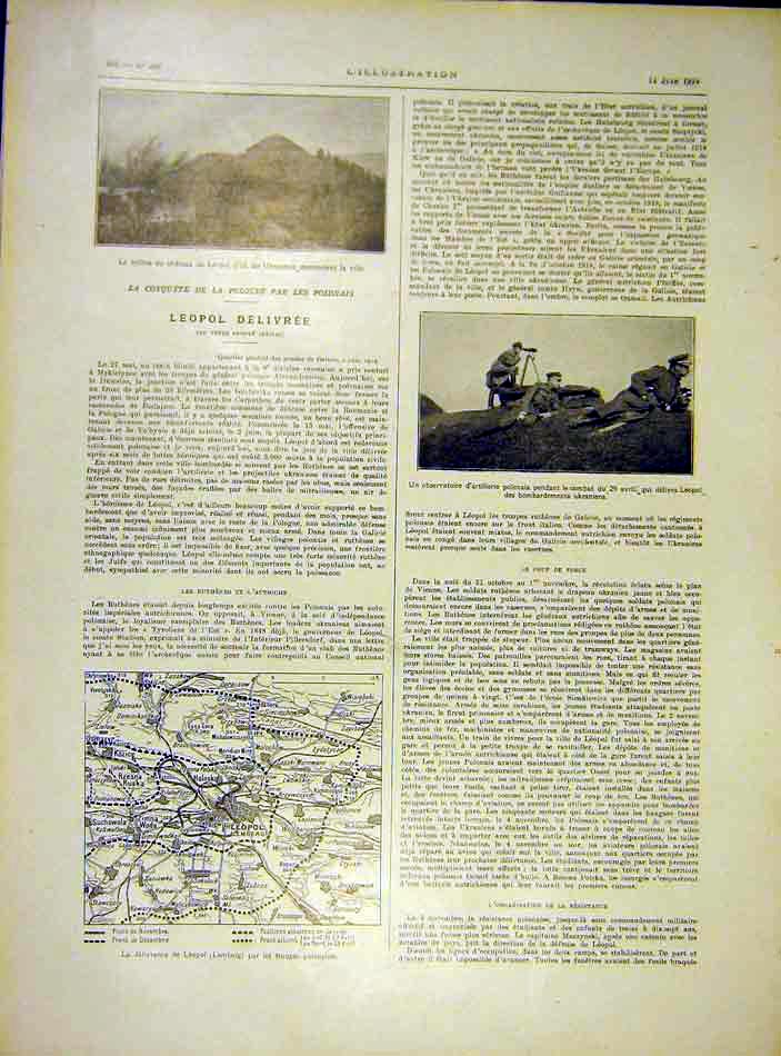 Original Old Vintage Print Ukrain Pologne Leopol Map Artillery French 1919 20th