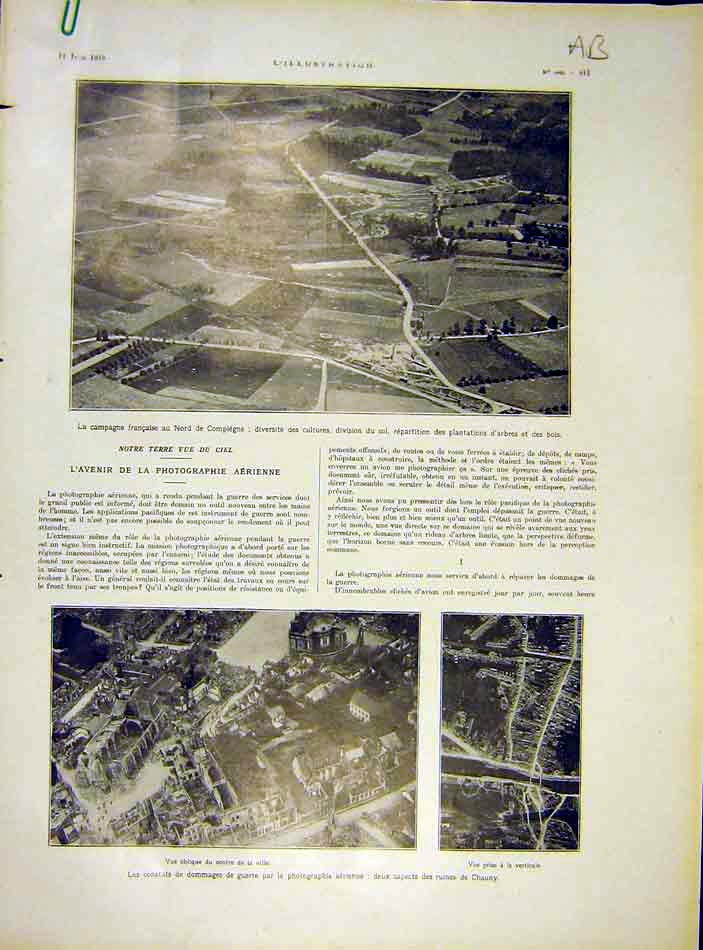 Old Antique Print Compiegne Aerial Photo War Chauny Strasbourg Versailles