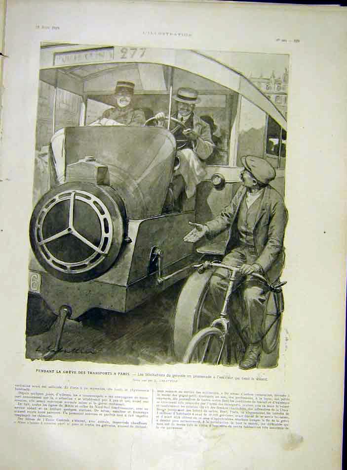 Original Old Vintage Print Paris France Paris Bicycle Automobile Bus 1919 20th