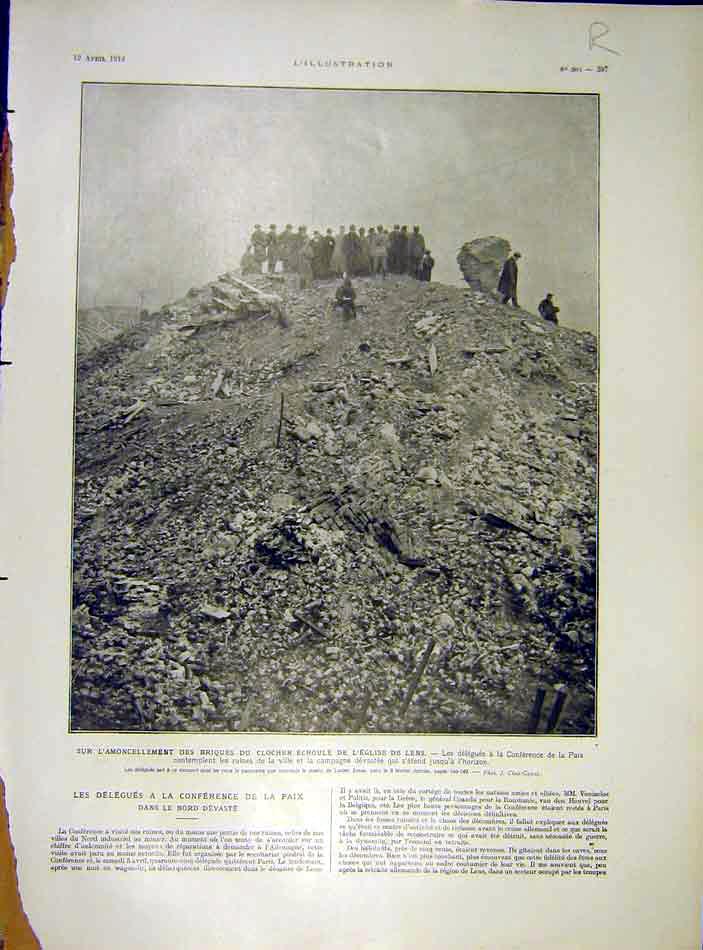 Original Old Vintage Print Church Ruins Peace Conference Paris Arras Lens 1919