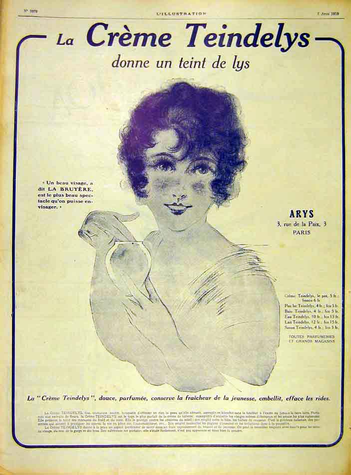 Original Old Vintage Print Advert Teindelys Lys Cream Lady Beauty 1919 20th