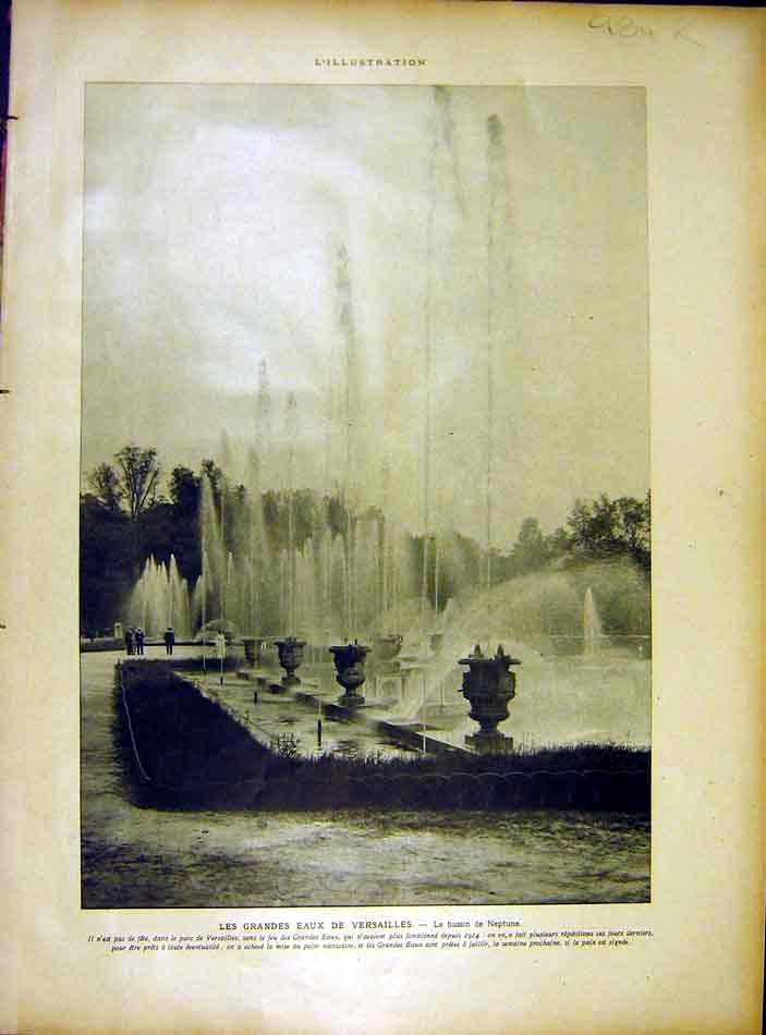 Original Old Vintage Print Versailles Fountain Neptune Latone Dragon 1919 20th
