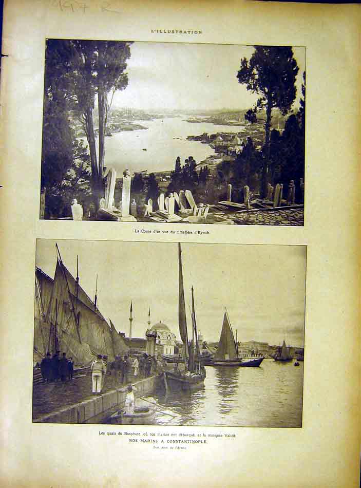 Old Vintage Print Constantinople Bosphore Eyoub Bugaria Ww1 French 1919
