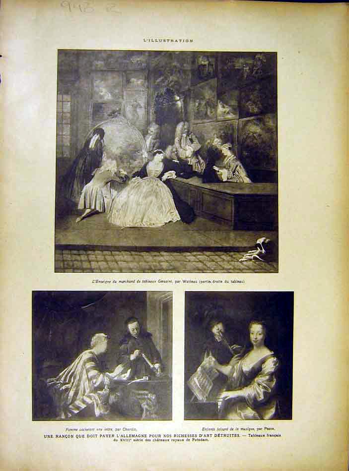 Old Vintage Print Paintings Fine Art Watteau Lorrain Chardin Pesne 1919 20th