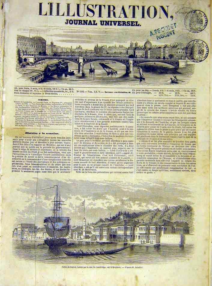Original Old Antique Print Palace Feri-Ie Duke Cambridge Bosphore 1854 Victorian