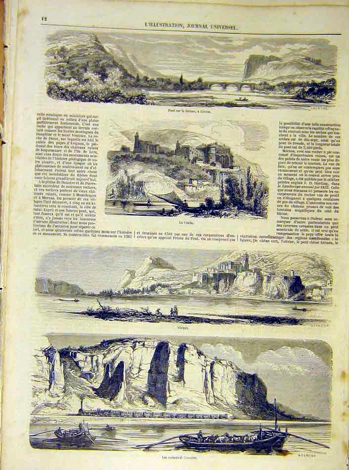 Original Old Antique Print Drome Livron Voulte Viviers Bouzere French 1854 19th