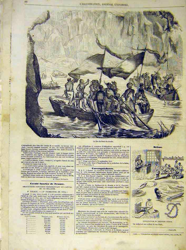 Original Old Antique Print Fete Saut-Du-Doubs Boat River French 1854 Victorian